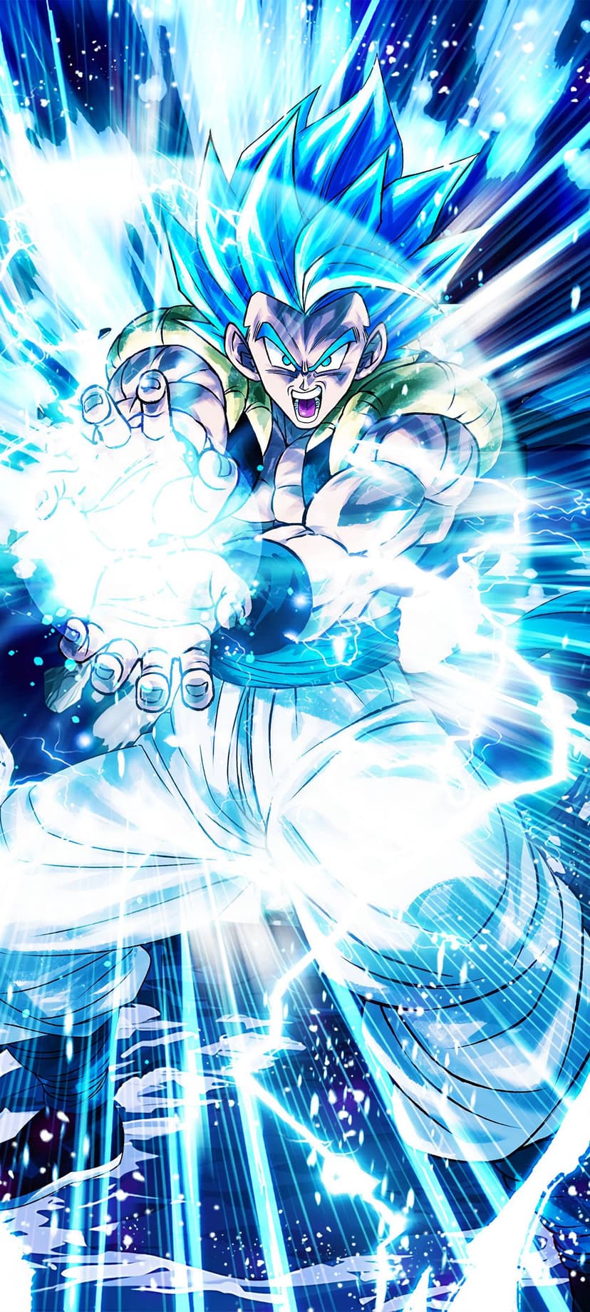 Gogeta in Super Saiyan Blue form charges a glowing energy blast surrounded by electric sparks and a blue aura.