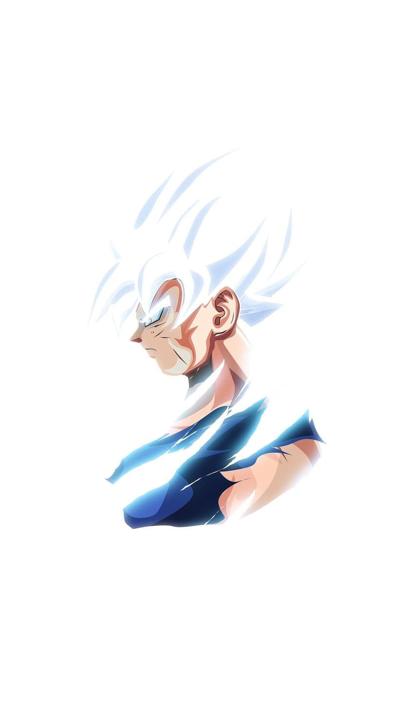 Goku with silver hair and glowing white aura in profile against a plain white background for phone screens.