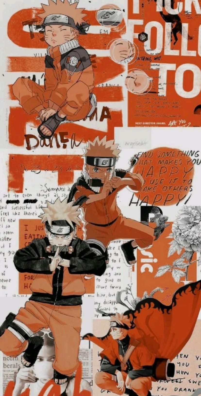 Naruto Uzumaki poses across multiple manga panels in a vibrant orange collage designed for mobile screen backgrounds.