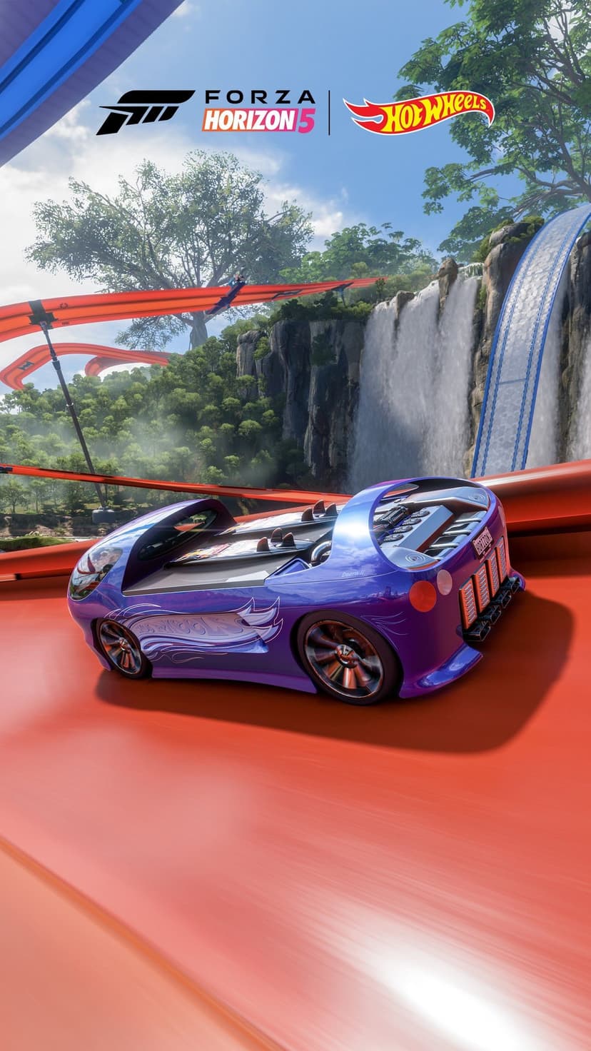 Hot Wheels cars speed along elevated orange tracks against a blue sky for a vertical mobile racing background.