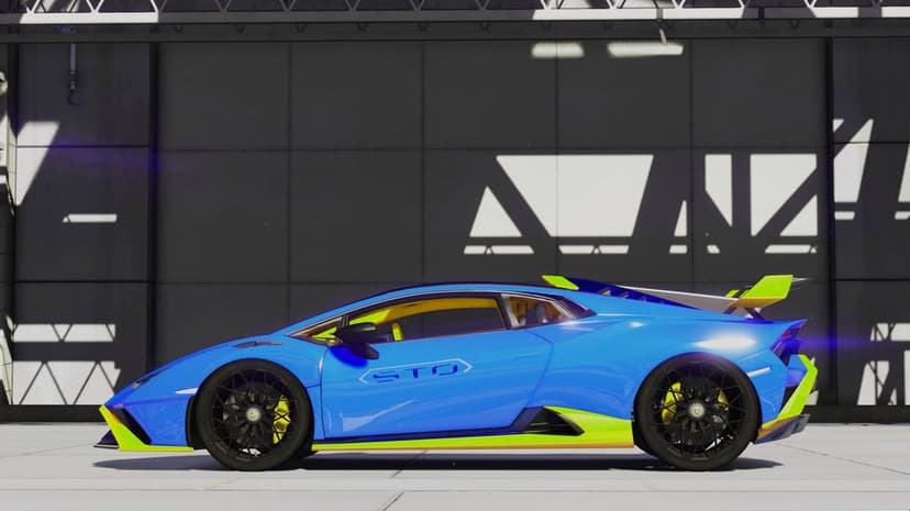 Blue Lamborghini Huracan STO side profile with lime green accents and black wheels against a gray wall with shadows.