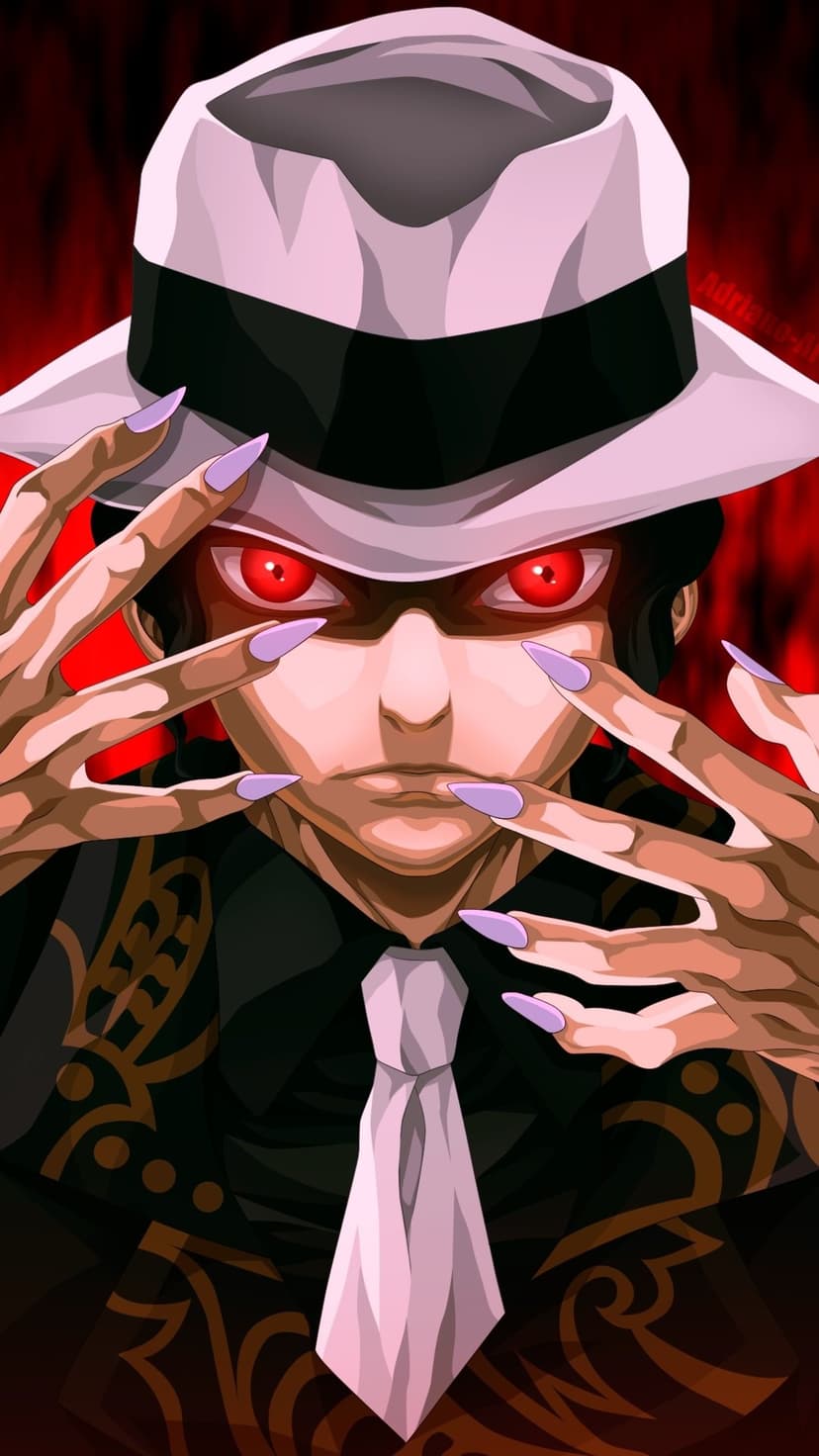 Muzan Kibutsuji stares intensely with red eyes while holding up long purple nails in front of his white fedora.