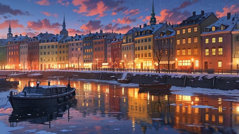 Multicolored houses reflect in a snowy canal with a small wooden boat during a winter sunset in Europe.