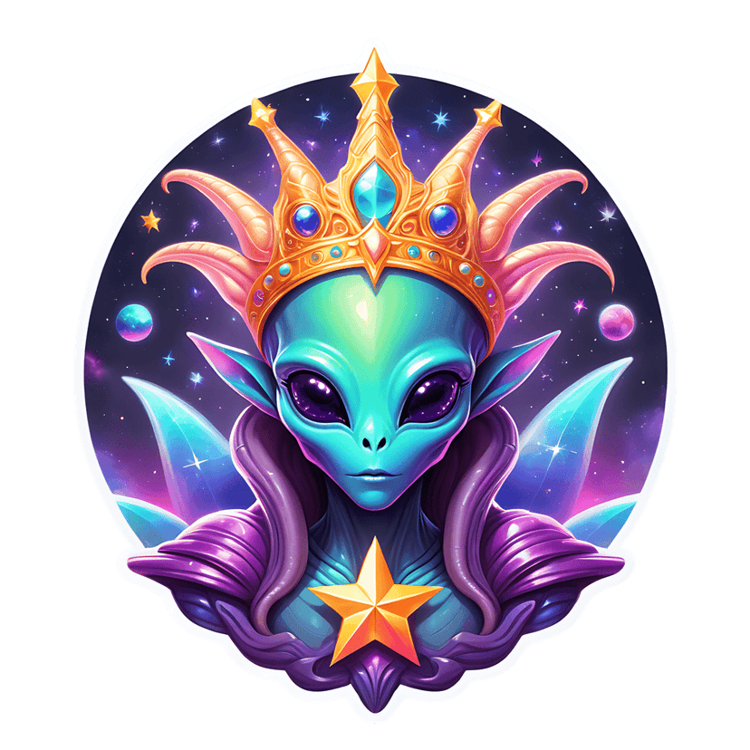 Green alien sticker wearing a golden crown with pink gems against a purple nebula and starry space background.