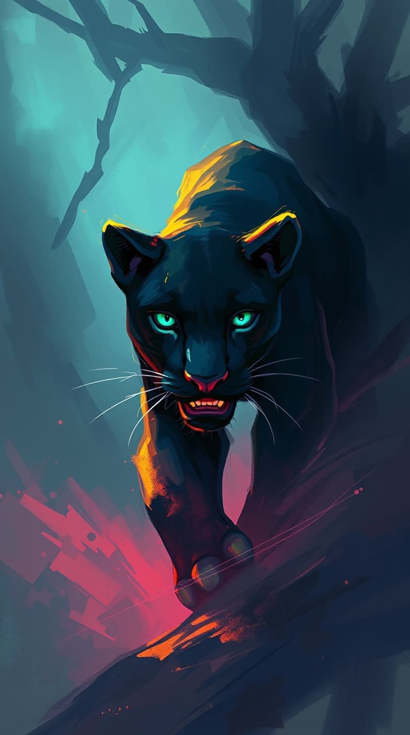Black panther with neon green eyes prowling through a dark forest with golden highlights and deep blue shadows.