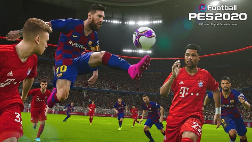 Lionel Messi jumps to kick a soccer ball while Serge Gnabry defends in a crowded stadium under bright lights.
