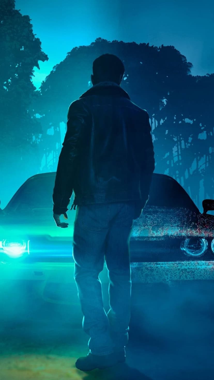 Man standing behind a vintage car with bright headlights in a dark forest under a vibrant cyan night sky.