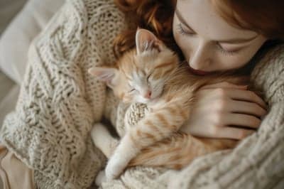 Young Woman Cuddles Sleeping Ginger Kitten