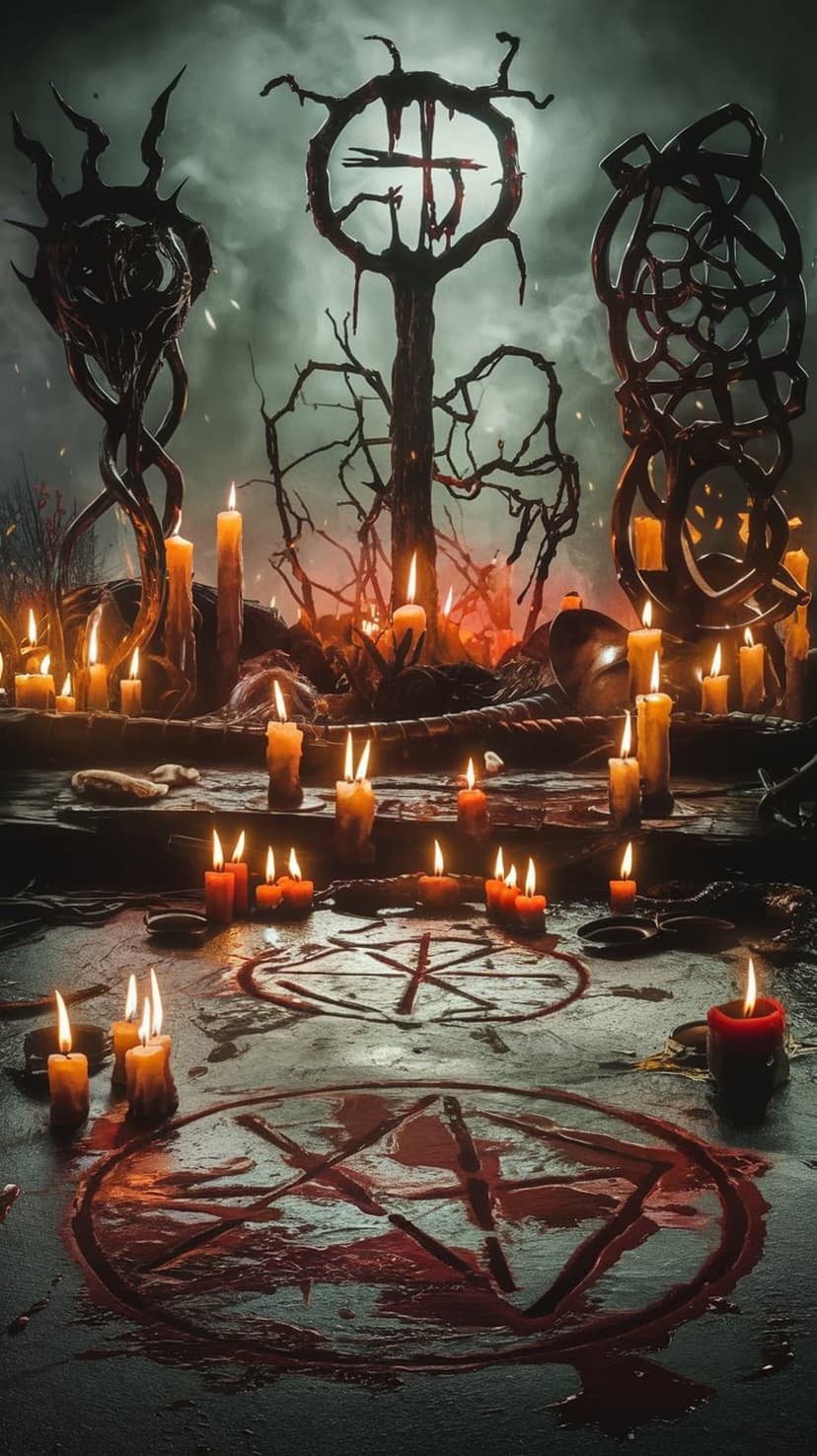 Blood-red pentagram on a stone altar surrounded by lit candles and skeletal remains under a dark cloudy sky.