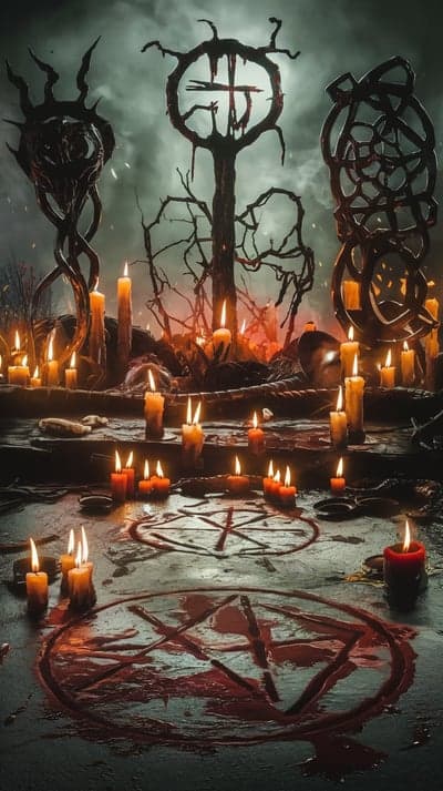 Dark Ritual Altar with Pentagrams and Candles
