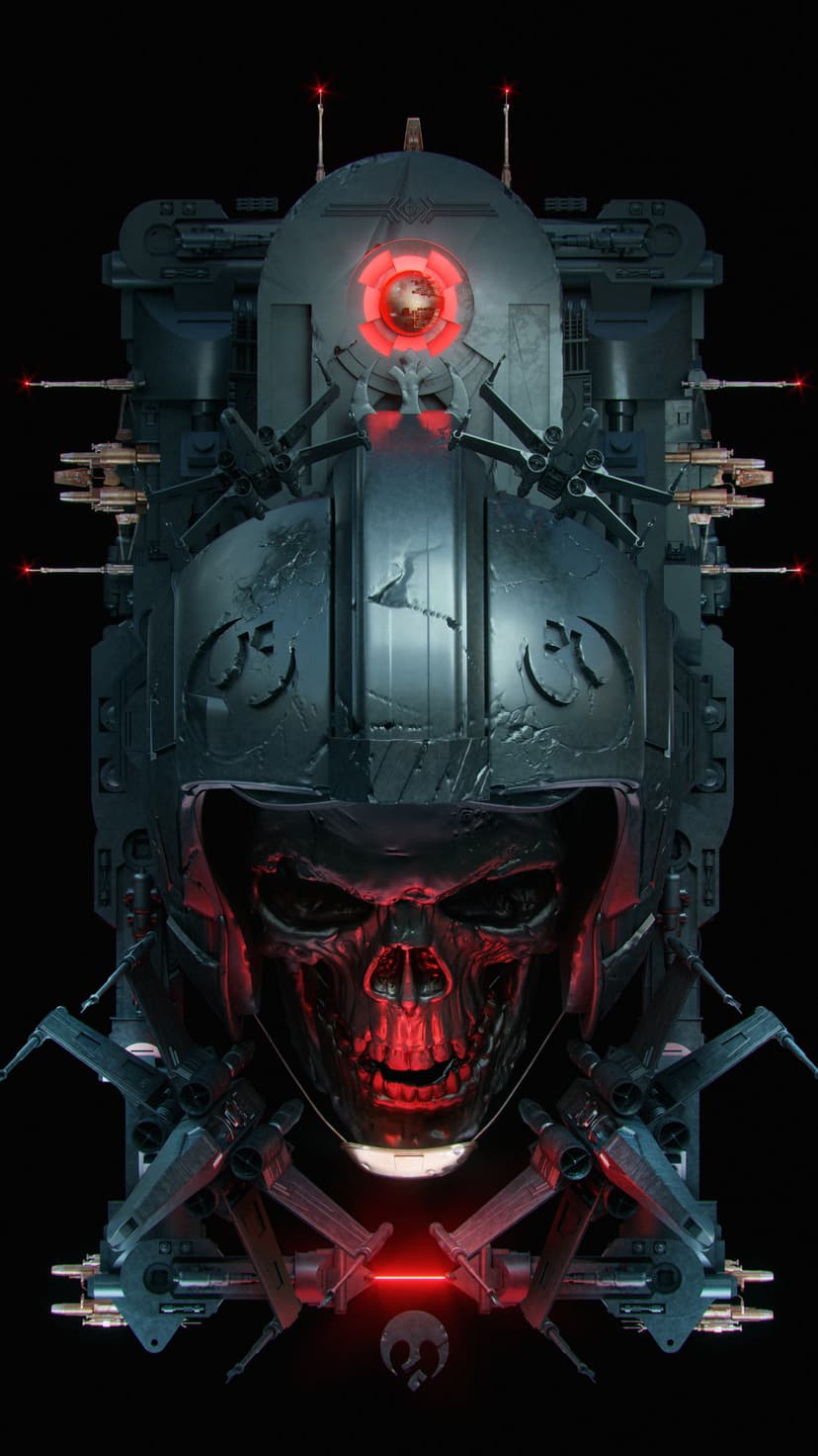 Darth Vader's helmet integrated with a human skull, featuring exposed circuitry and glowing red accents.