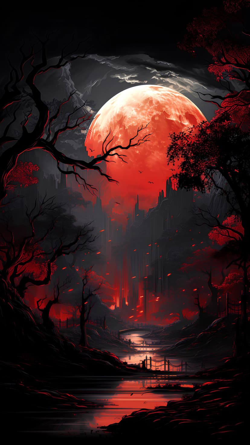 Large red moon rises above a dark river and skeletal trees with glowing embers in a misty gothic landscape.