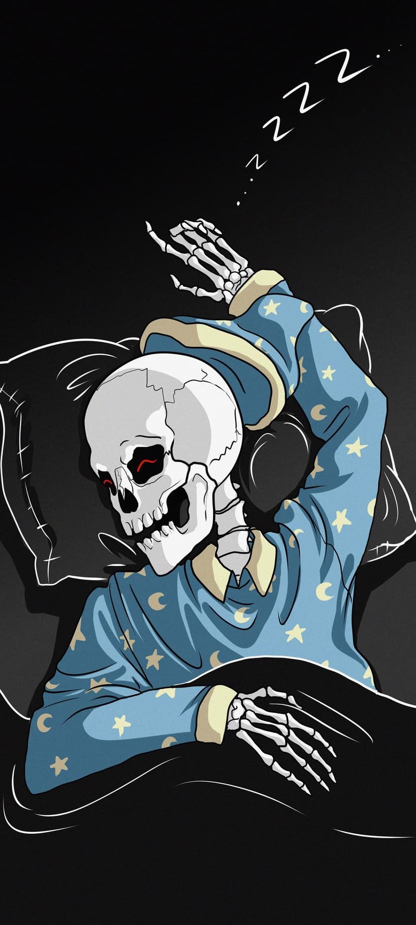 Skeleton wearing moon-patterned blue pajamas sleeps in a dark bed with floating Zzz letters above its head.
