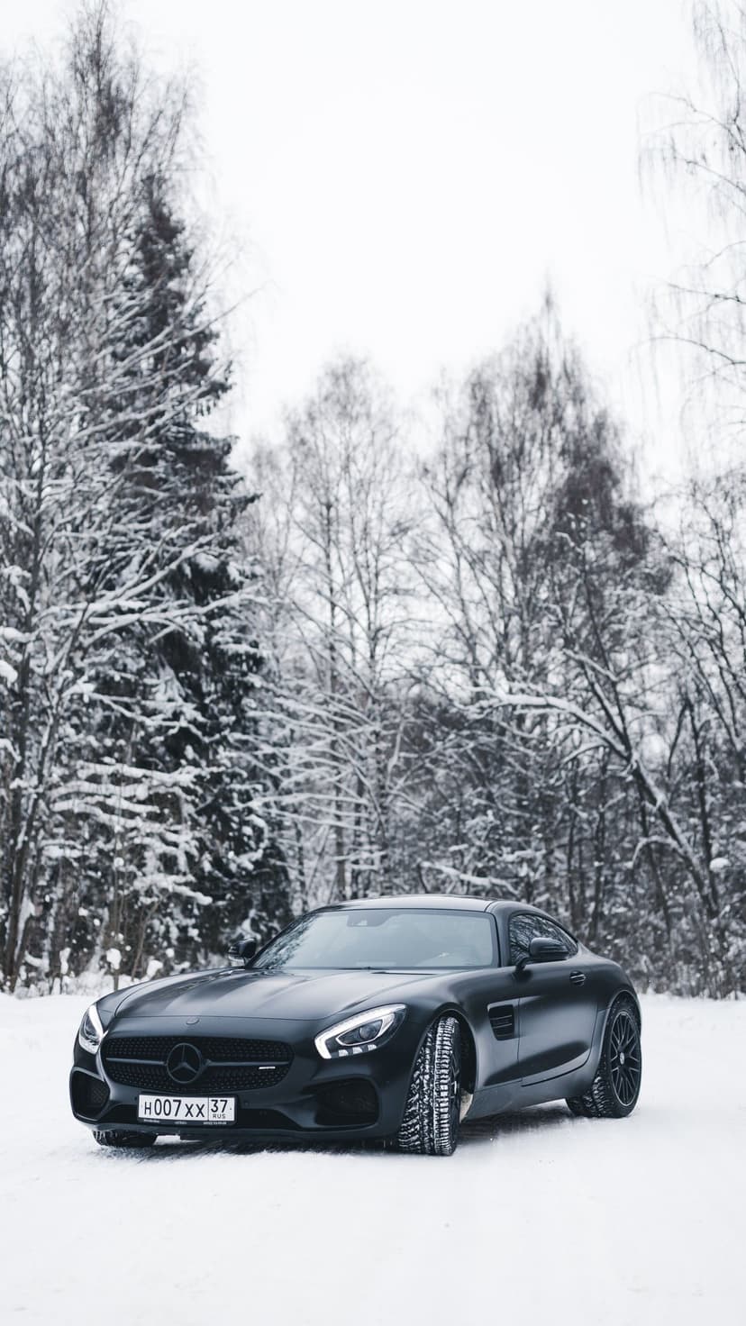 Matte black Mercedes-AMG GT parked on a snowy road surrounded by dense frost-covered trees in winter.