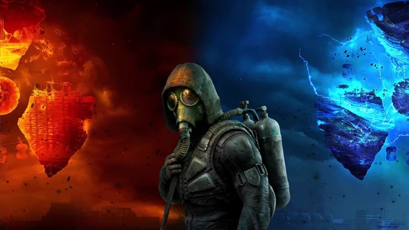 Survivor in a gas mask stands centered between a fiery orange landscape and a cold blue lightning-filled sky.