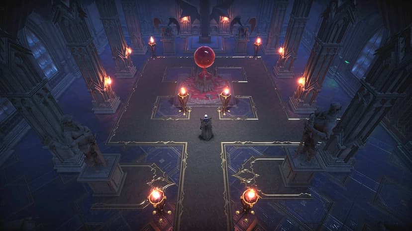 A vampire stands in a gothic hall before a floating red orb surrounded by flaming braziers and stone pillars.