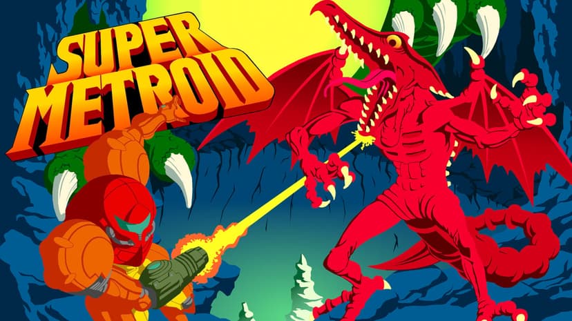 Samus Aran fires a yellow beam at a giant red Ridley within a dark blue cavernous environment.