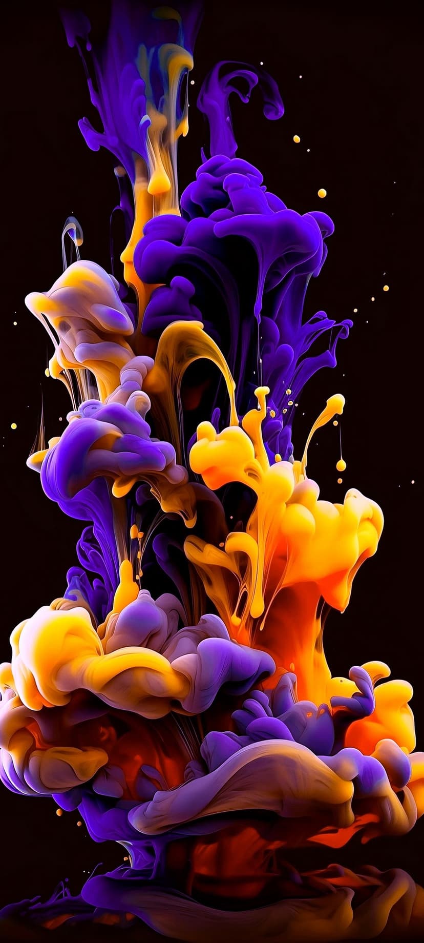 Purple and orange ink plumes mingle with gold sparkles against a dark void in a vertical composition.
