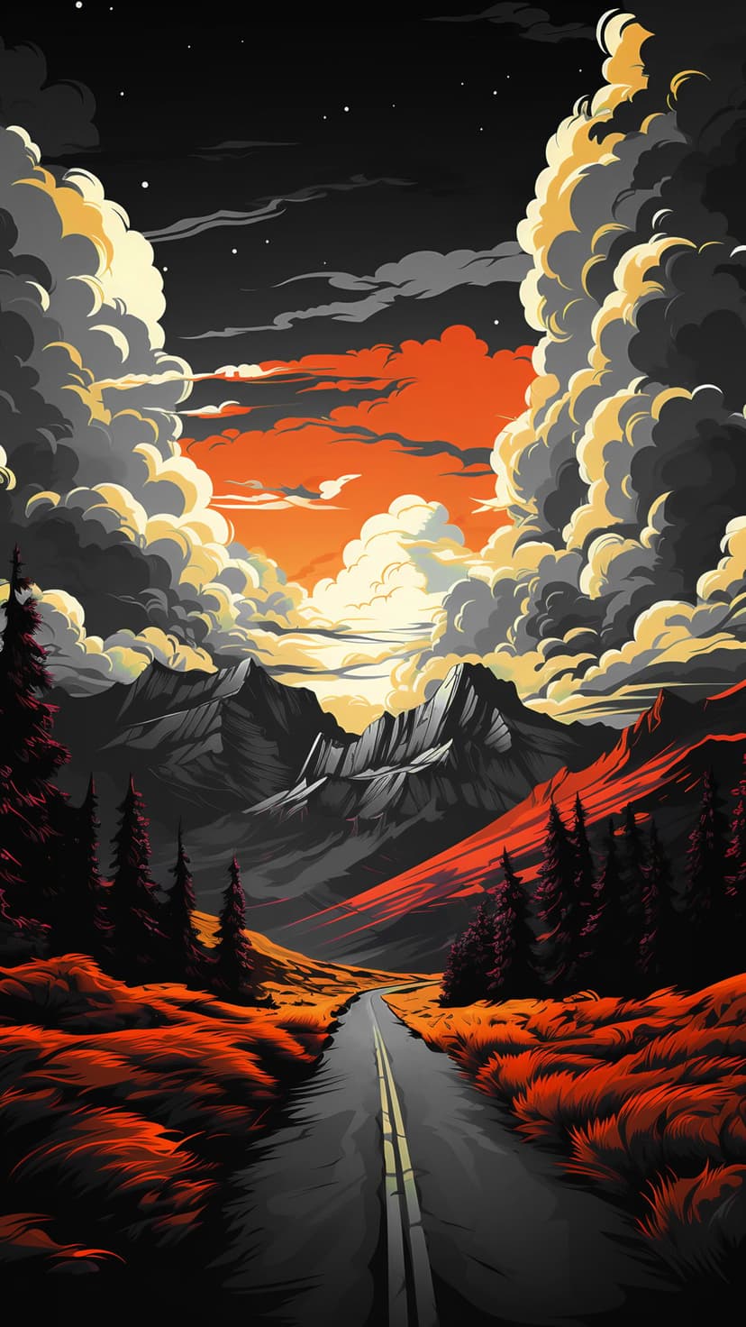 Winding mountain road surrounded by red autumn trees under glowing orange clouds and a dark starry sky.