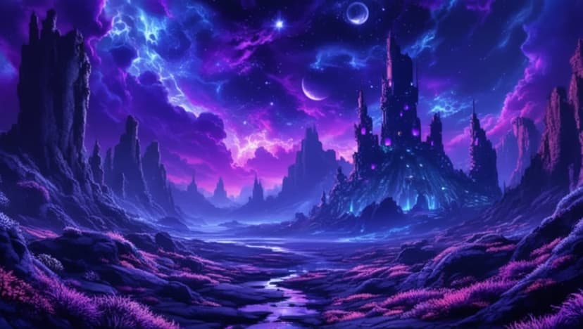 Glowing stone castle atop jagged rocks under a swirling purple nebula sky with a crescent moon and distant stars.