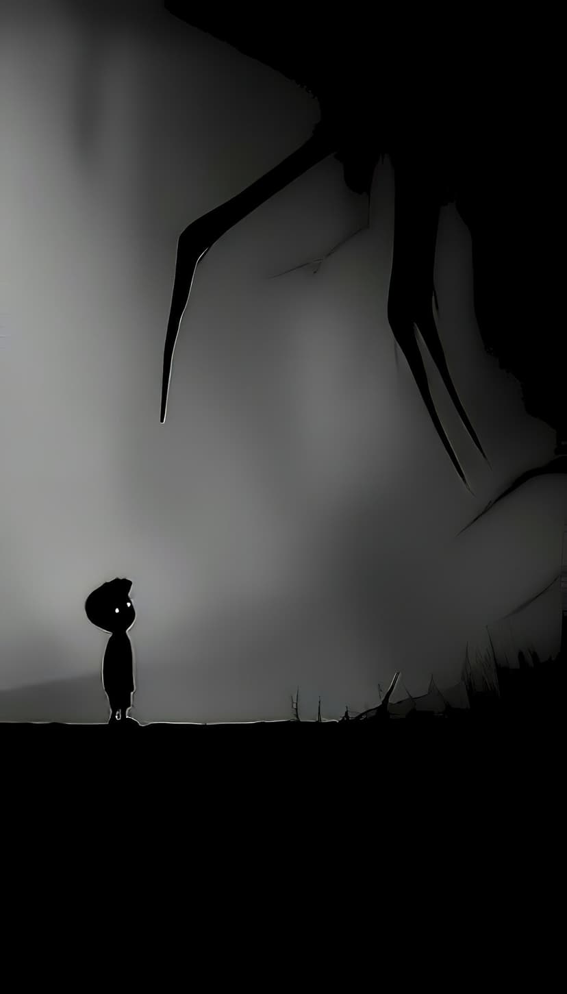 Silhouette of a small boy with glowing eyes facing a giant spindly spider creature in a misty gray environment.