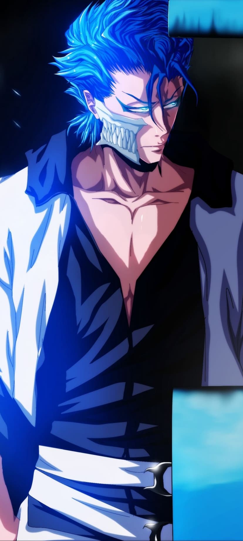 Blue-haired anime man with a skeletal jaw mask and glowing eyes wearing an open black and white jacket.