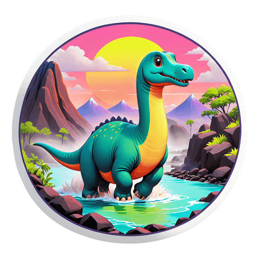Teal brachiosaurus sticker illustration splashes through a river against a purple mountain sunset background.