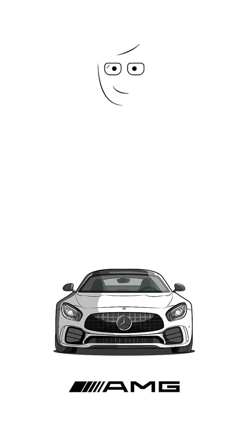 Spectacled cartoon character face positioned above a black Mercedes-AMG logo over a solid white background.