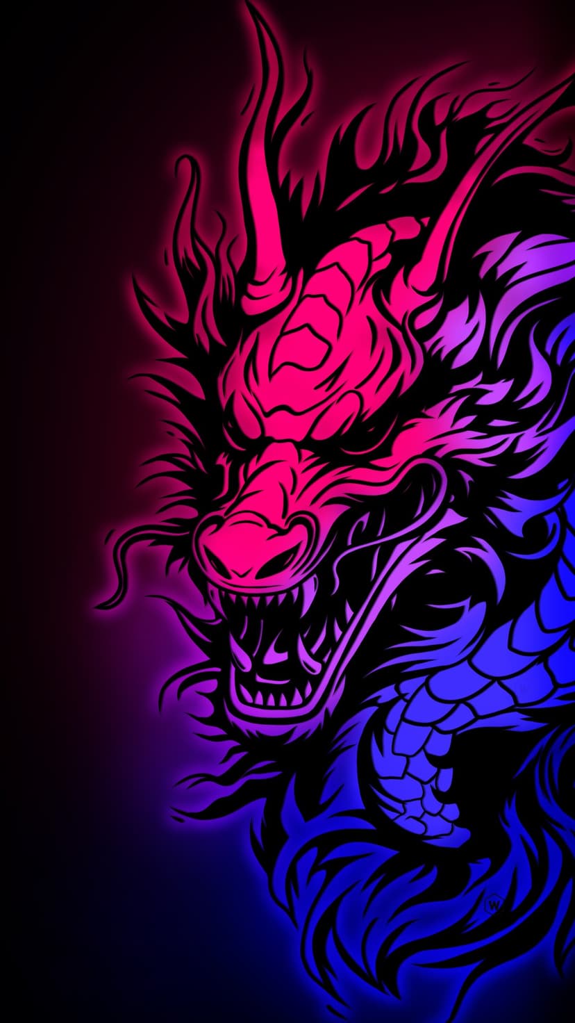 Dragon head silhouette with glowing pink and blue neon outlines, sharp fangs, and a flowing mane on black.