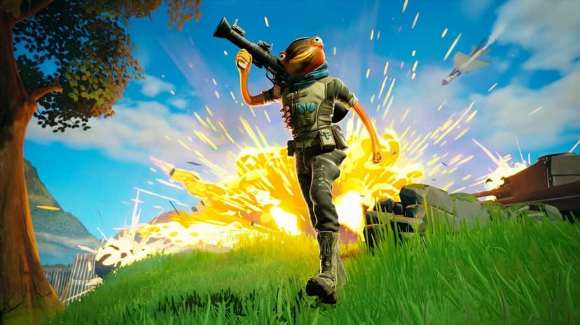 Fishstick in camo gear carries a rocket launcher past a fiery explosion in a grassy field under a blue sky.