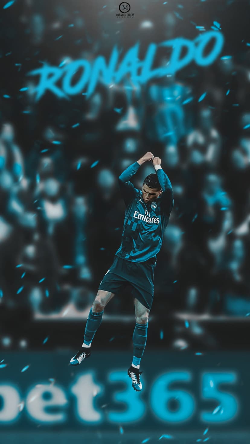 Cristiano Ronaldo performs his signature leap in a white jersey against a blue neon stadium backdrop.