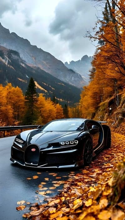 Black Bugatti Chiron Hypercar Autumn Mountain Phone Wallpaper