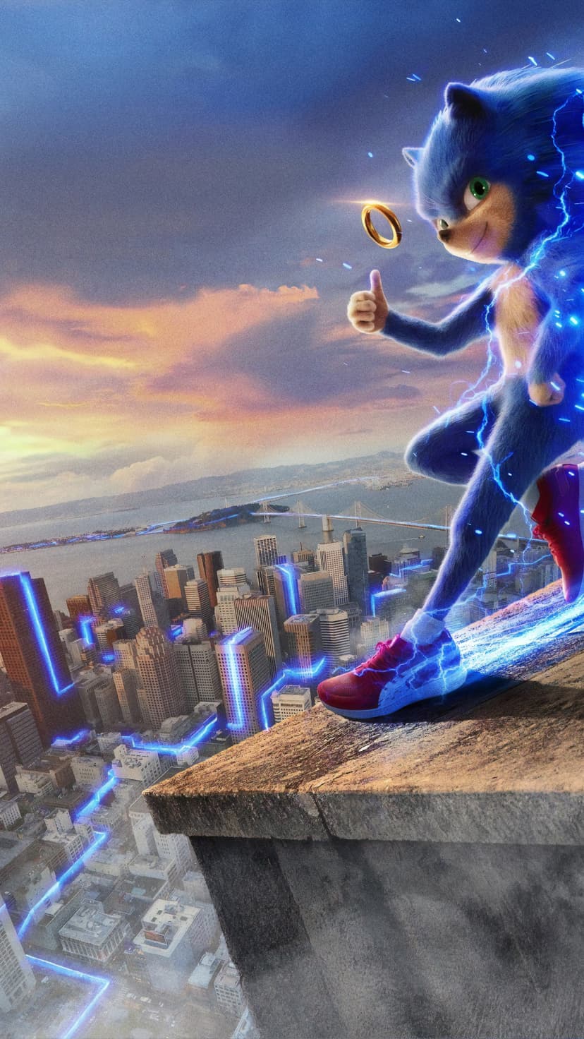 Sonic the Hedgehog gives a thumbs-up while sprinting through San Francisco streets with blue lightning trails.