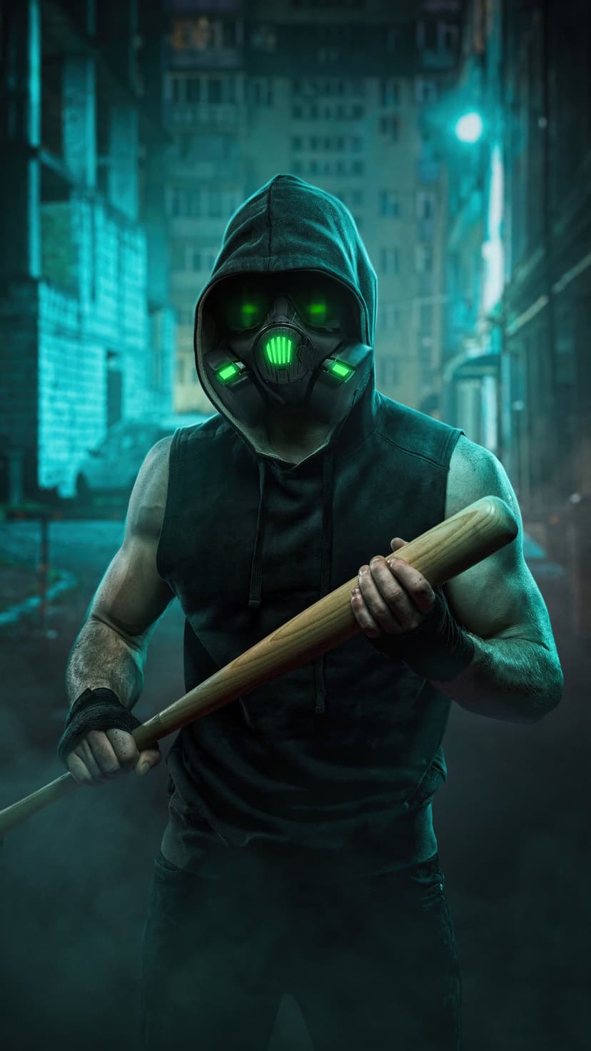 Masked figure with glowing green eyes holds a baseball bat in a smoky alleyway under dark nocturnal lighting.