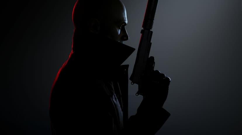 Silhouette of a bald man in a high-collar coat holding a silenced handgun with red and blue rim lighting.