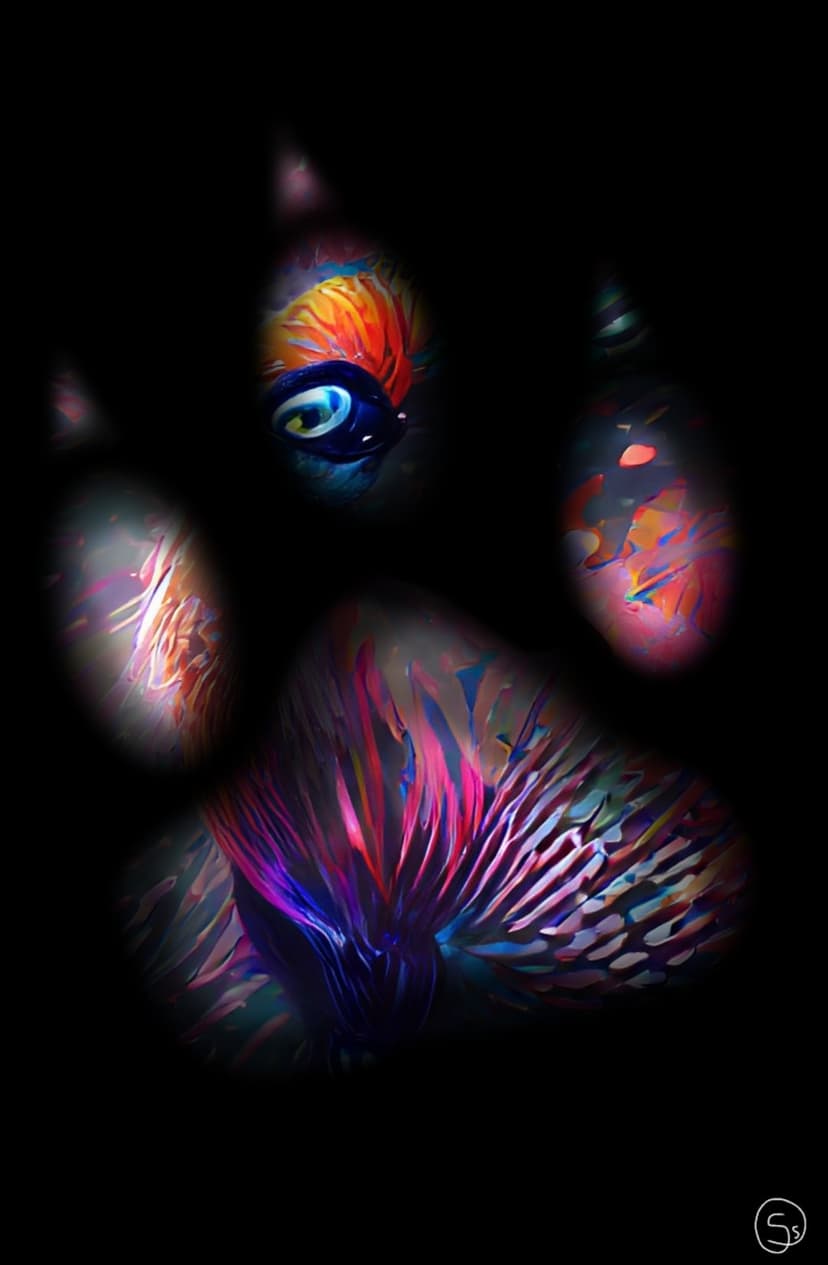 Luminous animal paw print with kaleidoscopic colors and a central blue eye glowing against a solid black backdrop.