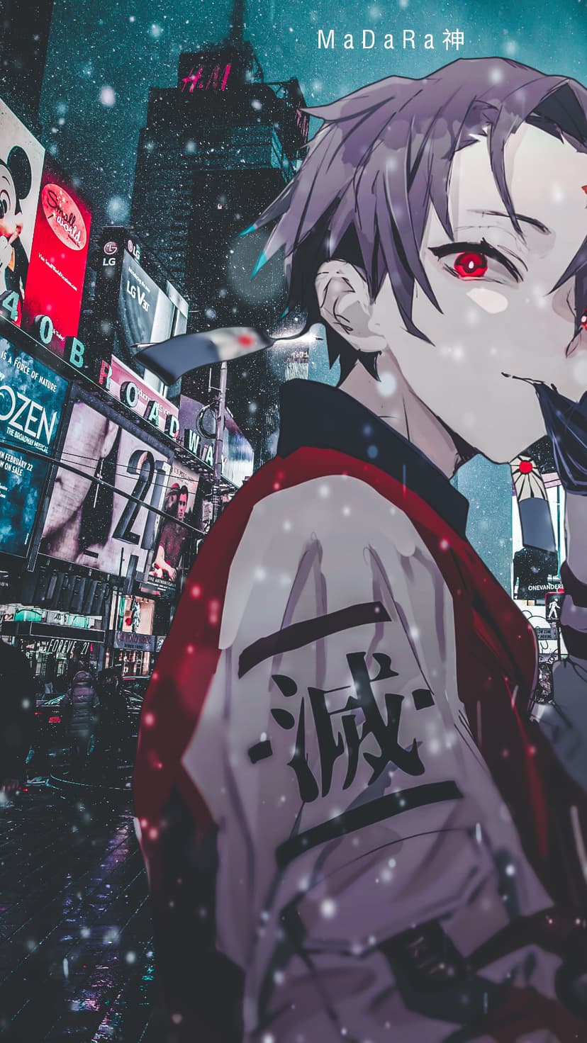 Purple haired anime character with red eyes wears a kanji jacket in a snowy, neon-lit New York street.