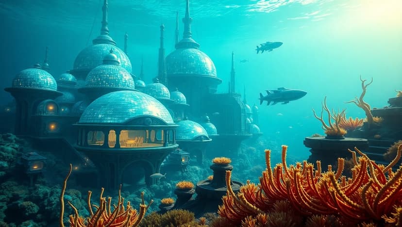 Sunken futuristic city domes glow under deep blue water surrounded by schools of fish and vibrant coral reefs.