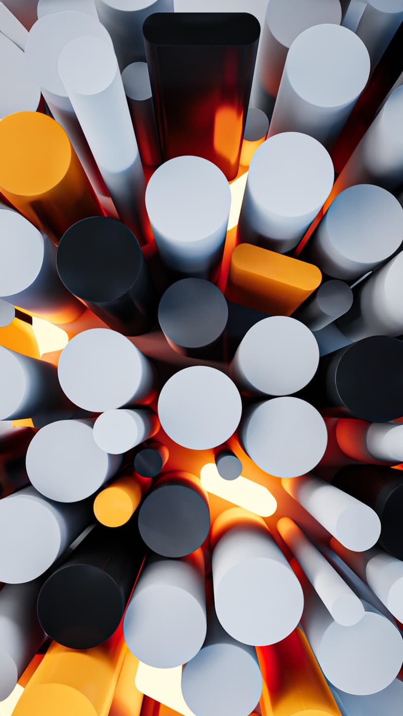 Grey 3D cylinders arranged in a tight cluster with vibrant orange light glowing from the interior crevices.