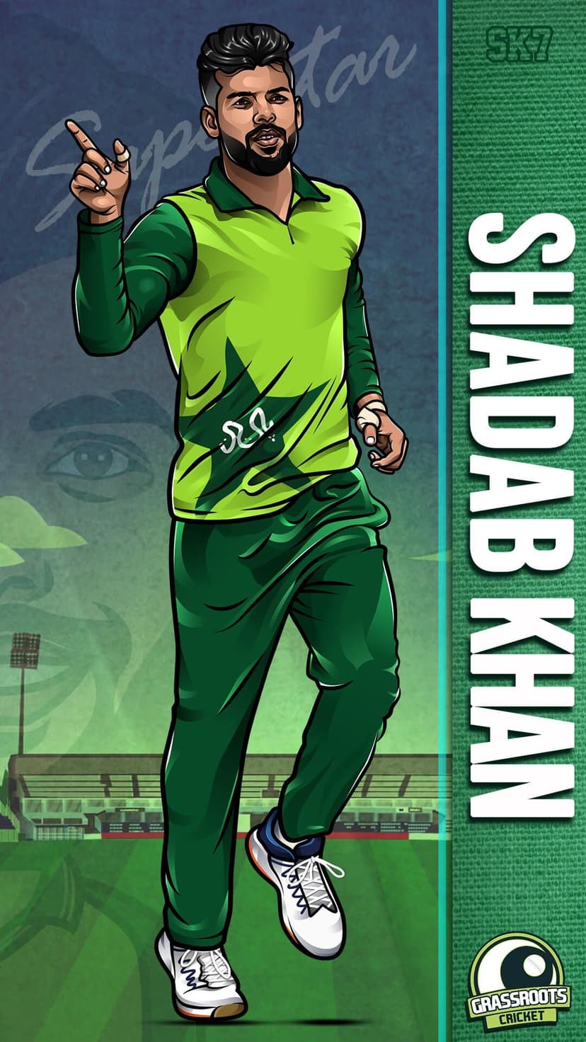 Shadab Khan points a finger upward in a celebratory pose wearing a green Pakistan cricket star kit and SK7 banner.