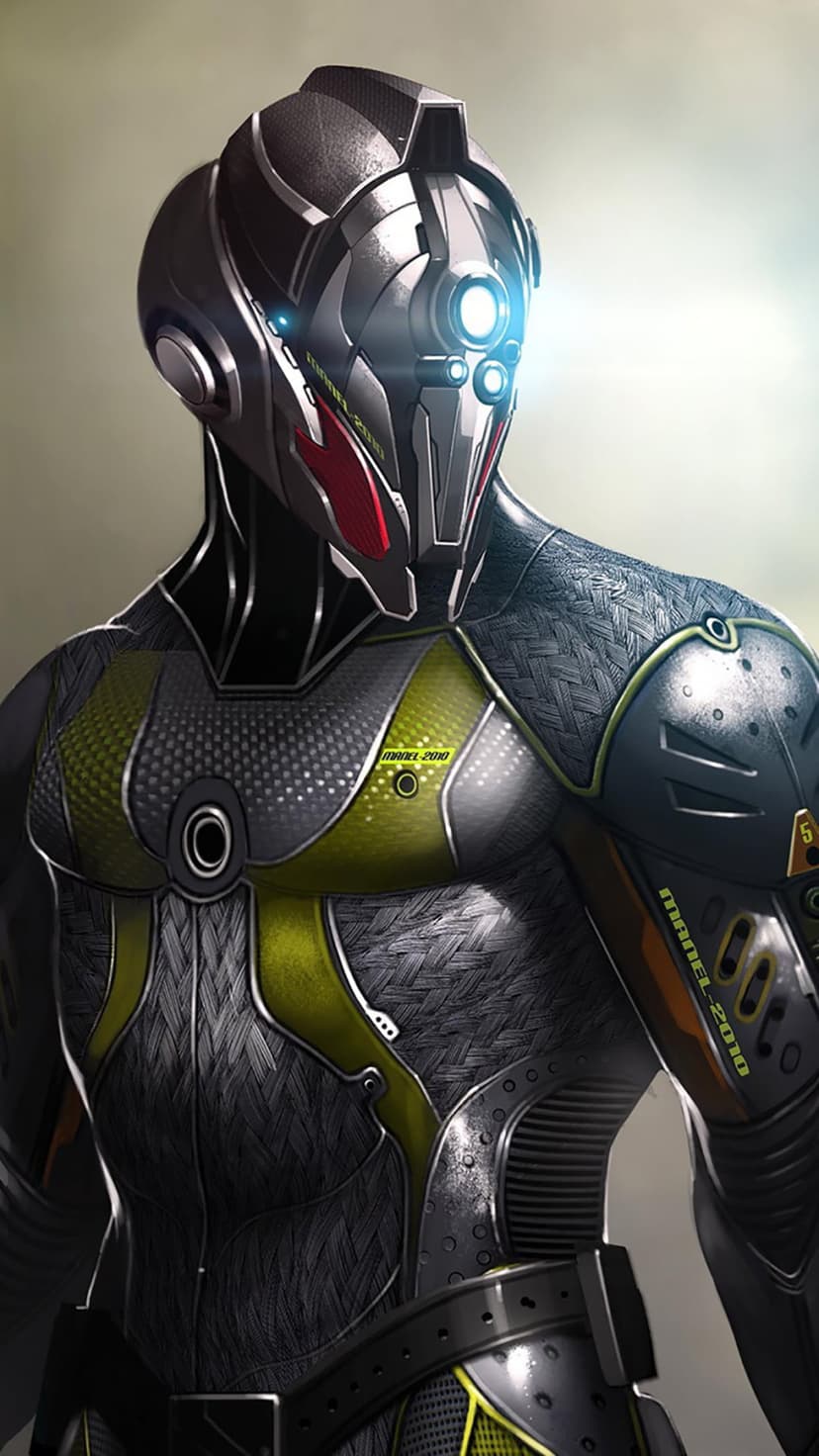 Armored cyborg warrior with glowing blue eyes and neon yellow highlights stands in a tactical combat stance.
