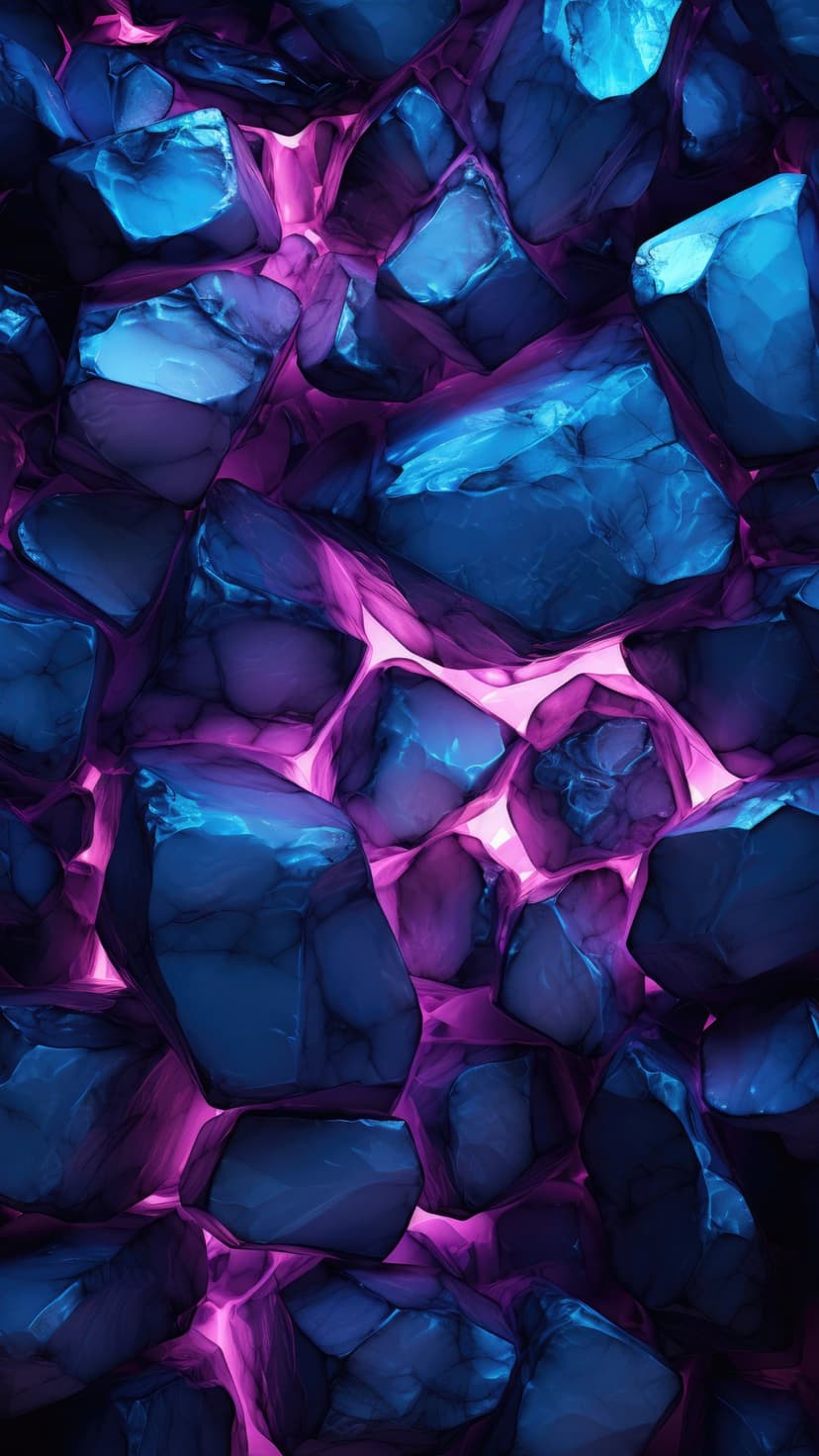 Glowing amethyst geode facets shine with vibrant pink and sapphire blue light across a jagged mineral texture.