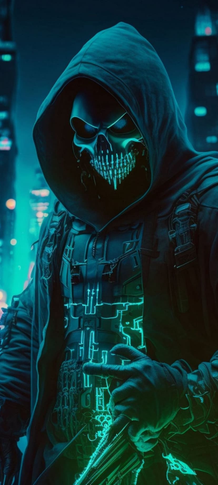 Cybernetic hacker with a glowing skull mask and circuit armor stands in a dark neon-lit futuristic city.