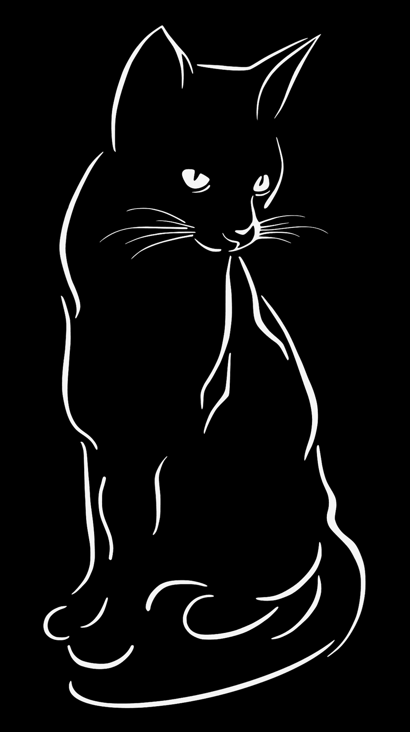 White cat outline with alert ears and long whiskers glows against a solid black background in a minimalist style.
