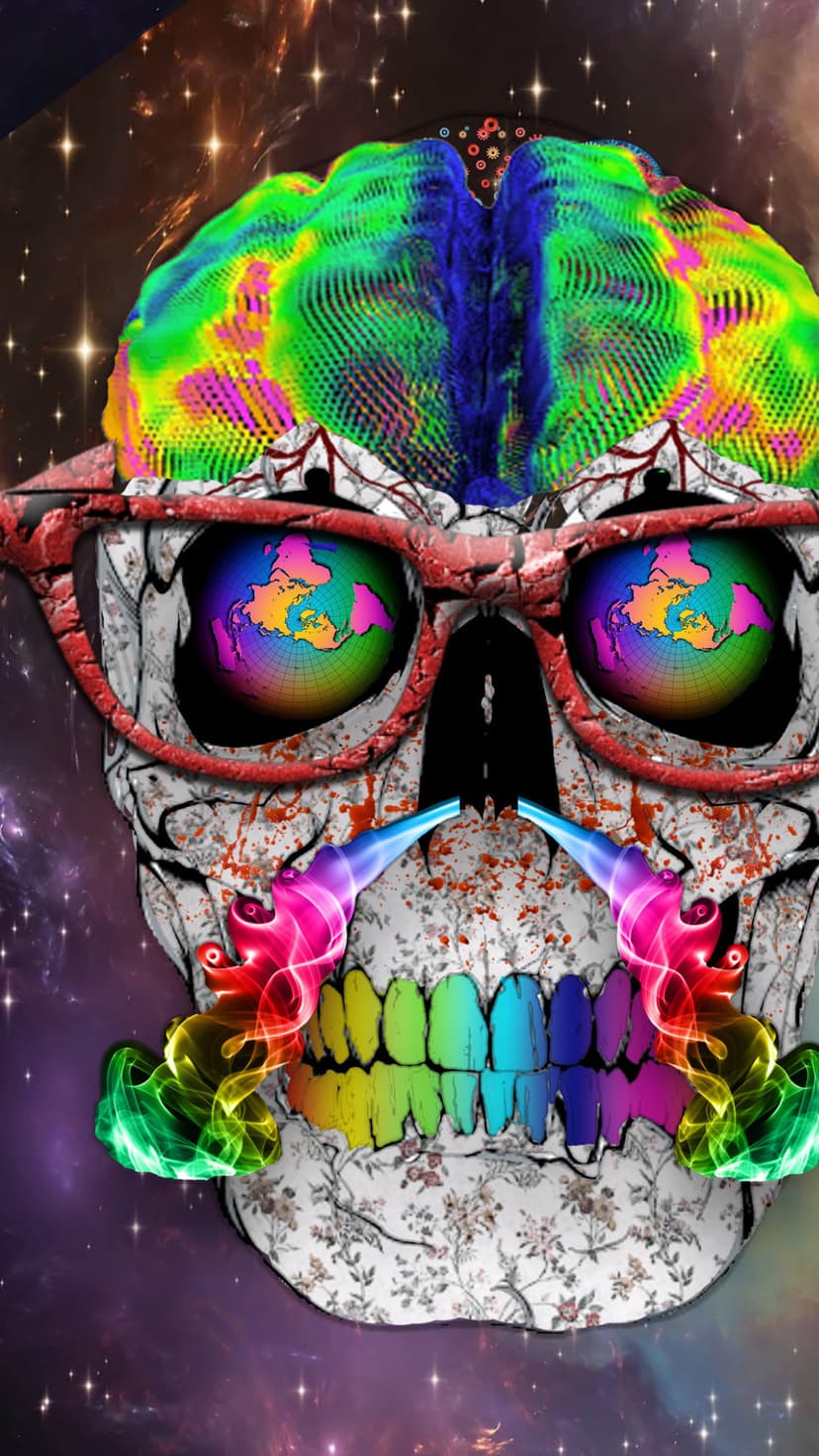 Psychedelic skull with globe eyes, red glasses, and rainbow smoke against a starry purple nebula background.
