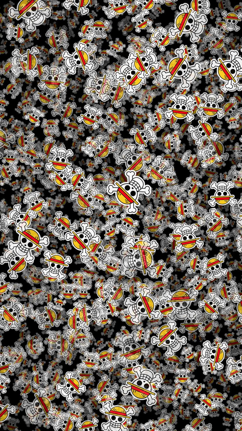 Straw Hat Pirates Jolly Roger stickers in a scattered pattern with red and yellow details on a black background.
