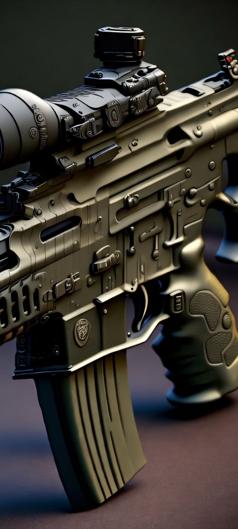 Tactical rifle with a high-magnification optical scope, ergonomic grip, and metallic frame in a dark studio setting.