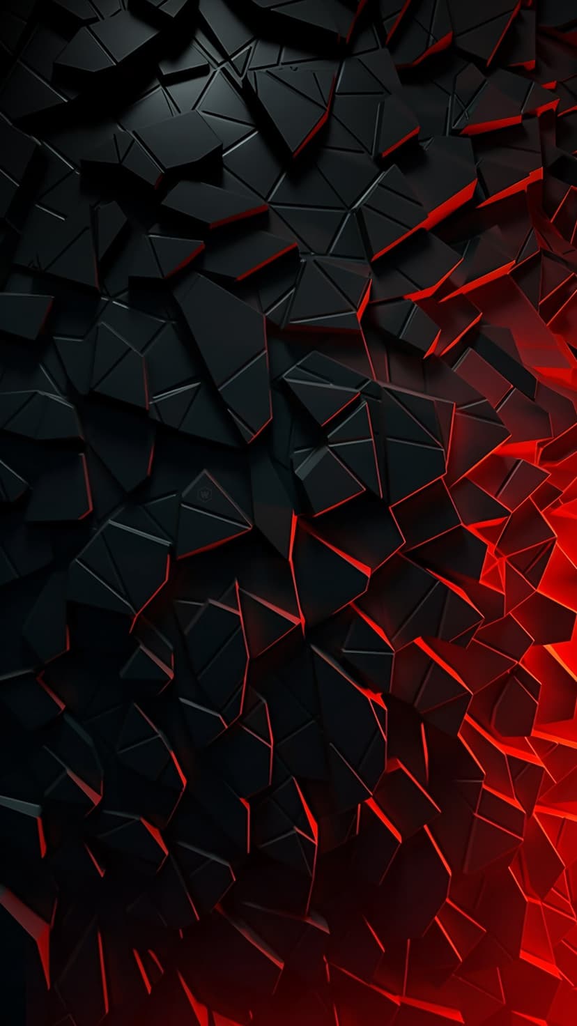 Black jagged shards with glowing red light leaking from sharp fractures and crystalline edges in a portrait layout.