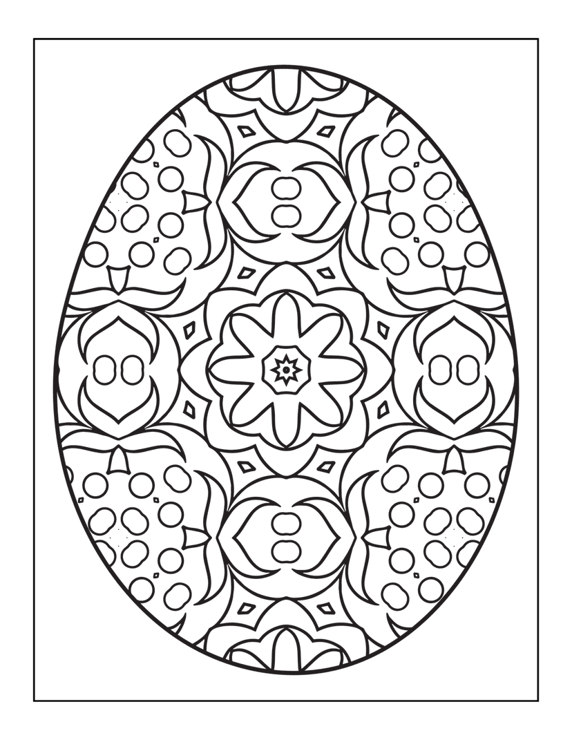 Mandala Easter egg outline displays symmetrical floral patterns and geometric circles in black and white line art.
