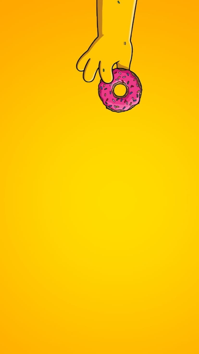 Homer Simpson's yellow hand holds a pink frosted donut with sprinkles against a solid bright yellow background.